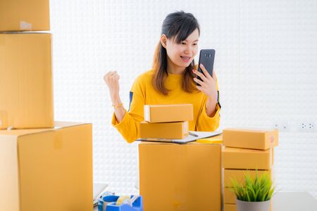 Teenager business owner work at home, young entrepreneurの写真素材