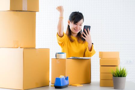 Teenager business owner work at home, young entrepreneurの写真素材