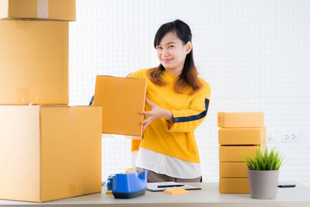 Teenager business owner work at home, young entrepreneurの写真素材