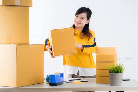 Teenager business owner work at home, young entrepreneurの写真素材