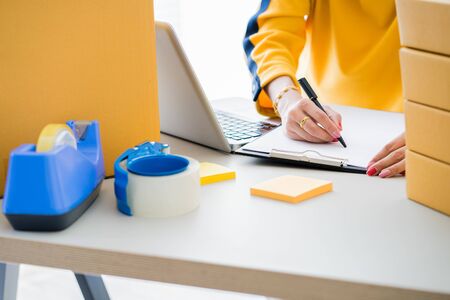 Teenager business owner work at home, young entrepreneurの写真素材