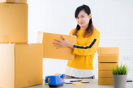 Teenager business owner work at home, young entrepreneurの写真素材
