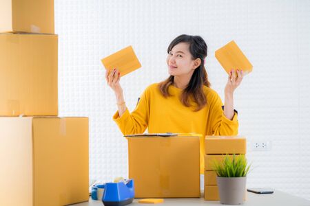 Teenager business owner work at home, young entrepreneurの写真素材