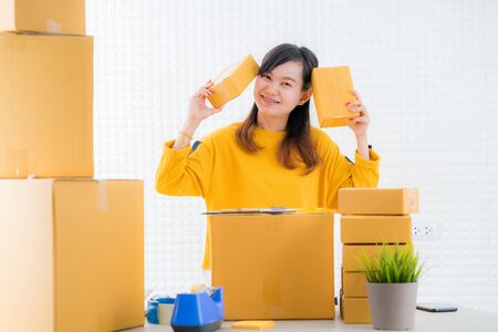 Teenager business owner work at home, young entrepreneurの写真素材