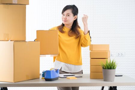 Teenager business owner work at home, young entrepreneurの写真素材