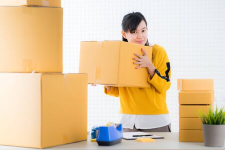 Teenager business owner work at home, young entrepreneurの写真素材