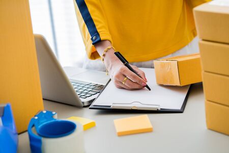 Teenager business owner work at home, young entrepreneurの写真素材