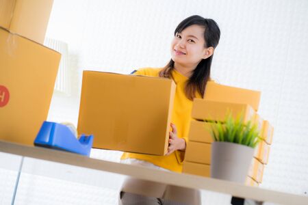Teenager business owner work at home, young entrepreneurの写真素材