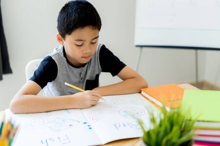 Asian little boy drawing at home. Education conceptの写真素材