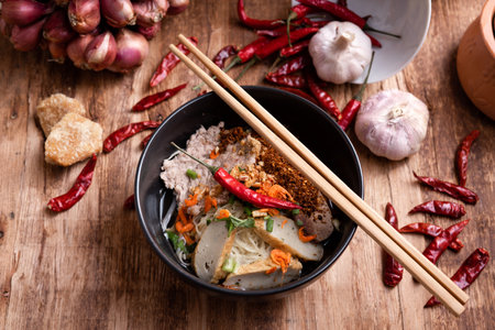 Thai Noodle , Bowl of noodles with spices on wooden background, Thai noodles soup, Table top view