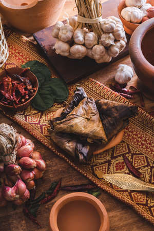 Thai dessert, Toasted Sticky Rice stuff on a wooden table and spices, Thai food conceptの写真素材