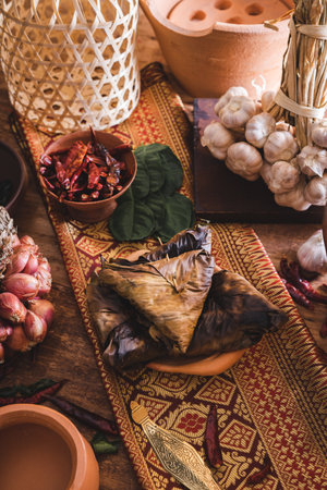 Thai dessert, Toasted Sticky Rice stuff on a wooden table and spices, Thai food conceptの写真素材