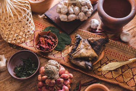 Thai dessert, Toasted Sticky Rice stuff on a wooden table and spices, Thai food conceptの写真素材