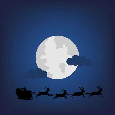 Night with Full Moon, Santa Claus rides in a reindeer sleigh.Vectormerry christmas concept, design forweb banner, christmas invitattion card and happy new year festival, vector illustration.のイラスト素材