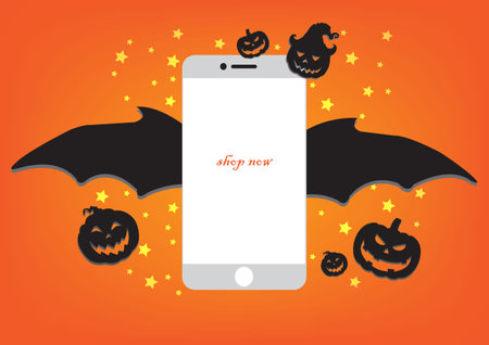 sale promotion with text online shopping on mobile phone design for banner sale with halloween day, shopping in abstrat background.のイラスト素材