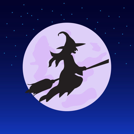 Vector witch silhouette over the Moon. Halloween illustration of mysterious night with full moon and flying witch.のイラスト素材