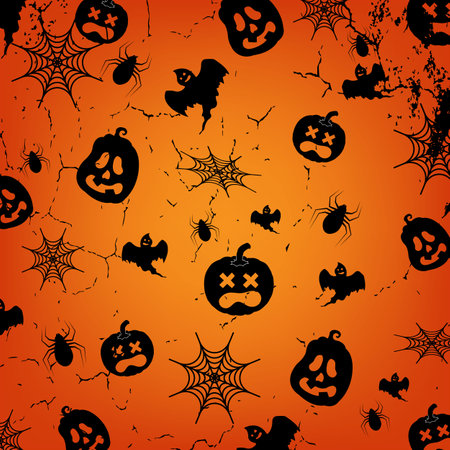 Seamless vector pattern with black bats, pumpkins, spiders, cobwebs, little ghosts. Halloween illustration. scary vampire bat shadow backgroundのイラスト素材