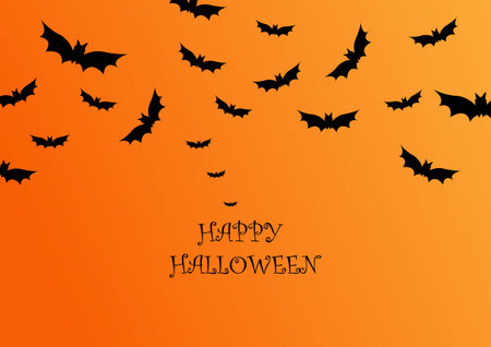 Halloween Spooky Nighttime Scene Horizontal Background, orange halloween banner with pumpkin and bats.のイラスト素材