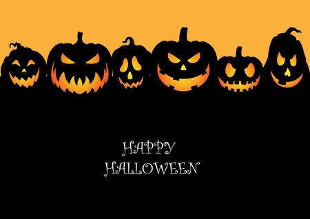 Halloween Spooky Nighttime Scene Horizontal Background, orange halloween banner with pumpkin and bats.のイラスト素材