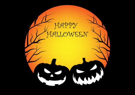 Halloween Spooky Nighttime Scene Horizontal Background, orange halloween banner with pumpkin and bats.のイラスト素材