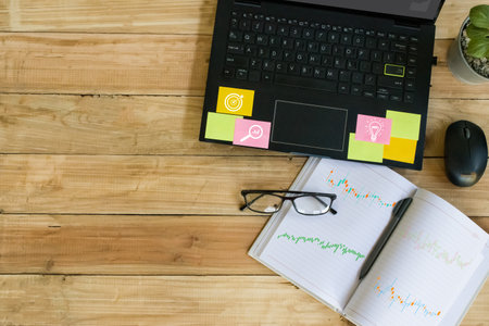 concept working at home, besiness office with icon business and network connection , topview.の写真素材