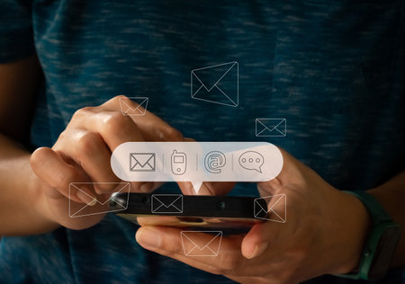 Contact us or Customer support hotline people connect. Businessman using a mobile and touching on...
