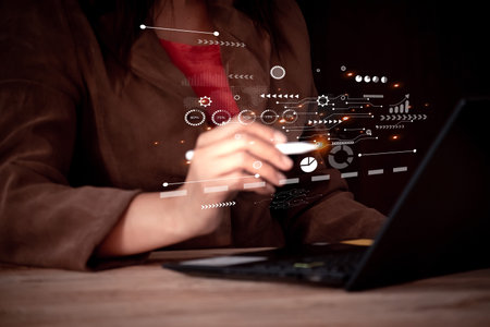 Businesswoman using computer with digital business interface on screen. digital transformation change management, new technology bigdata and business process strategy.の写真素材