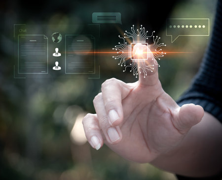 Businesswoman pressing virtual buttons chat with AI on virtual screen. Technology and communication concept. using technology smart robot AI.の写真素材