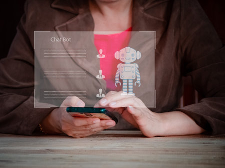 Businesswoman using  technology smart robot Ai, futuristic technology transformation, artificial intelligence by enter command prompt for generates something. chat with Ai.の写真素材