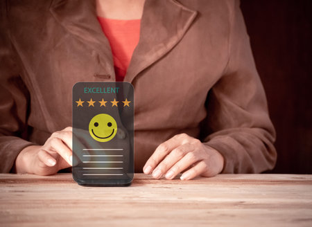 Customer service evaluation concept. Excellent Customer Service Evaluation, Customer service and business satisfaction survey, selective focus.の写真素材