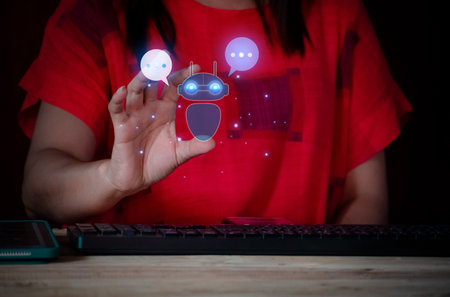<p>chatGPT, Hand touching digital chatbot for provide access to information and data in online network, robot application and global connection, conversation AI, business in online network.</p>の写真素材
