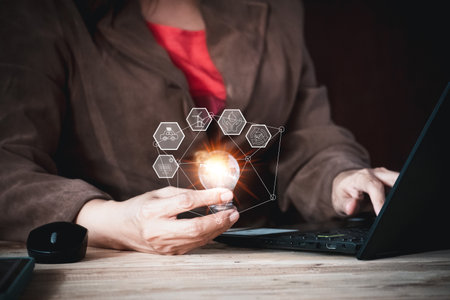 Innovation. businesswoman Hands holding light bulb for Concept new idea concept with innovation and inspiration, innovative technology in science and communication concept.の写真素材