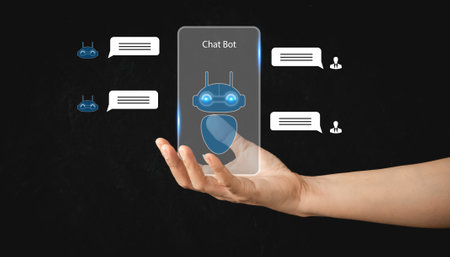 Chatbot concept. Hand touching digital chatbot for provide access to information and data in online network, robot application and global connection, AI, Artificial intelligence.の写真素材