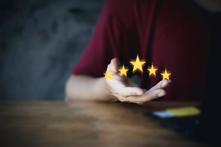 Businesswoman hand showing five star rating, Customer review and evaluation concept. with copy...