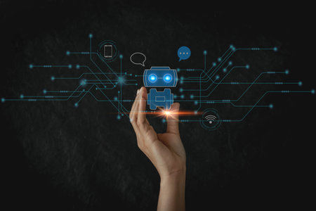 Businesswoman holding a virtual hologram .Hand touching digital chatbot for provide access to information and data in online network, robot application and global connection.の写真素材