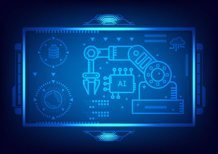 technology vector infographic Artificial intelligence concept vector illustration in blue neon style on dark blue background.のイラスト素材