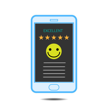 Emoticon smiley face on smartphone screen. with popup five star icon for feedback review satisfaction service, Customer service experience and business satisfaction survey.のイラスト素材