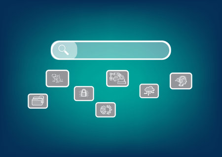 search with Ai assistant, Business icon Search On Virtual Screen Data Search Technology Search Engine Optimization. Man use computer to Searching for information. Using web Console for data, SEO.のイラスト素材