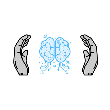 Psychology, Human brain and human hands. Support healthy brain concept. Abstract futuristic vector illustration.のイラスト素材
