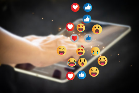 Social media and digital online concept, man using smart phone with Social media. The concept of living on vacation and playing social media. Social Distancing ,Working From Home concept.の写真素材