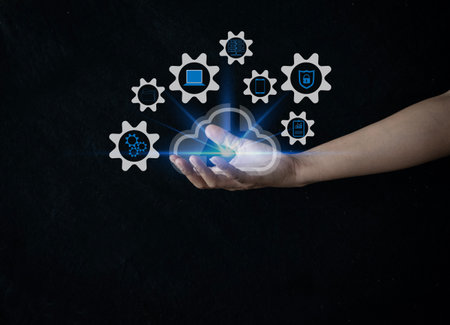 woman showing virtual screen with cloud computing diagram. Cloud technology. Data storage....