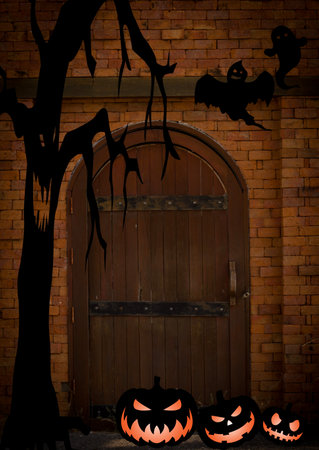 happy halloween, halloween night background, haunted house with pumpkins. invitation flyer ot tamplate for a holloween party.の写真素材