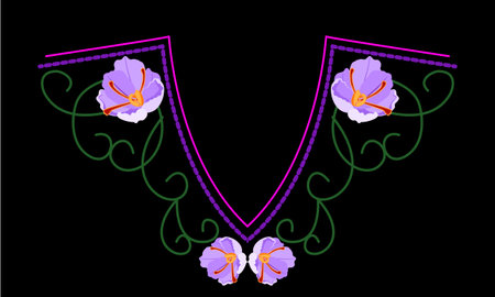 Embroidery flower round neck line patch composition for t-shirt design. Floral print for textile and fabric vintage tribal illustration isolated on black background.のイラスト素材