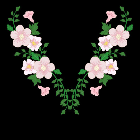 Embroidery flower round neck line patch composition for t-shirt design. Floral print for textile and fabric vintage tribal illustration isolated on black background.のイラスト素材