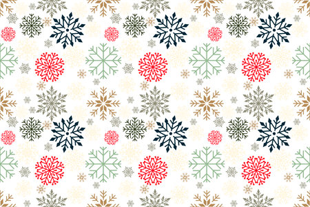 Seamless pattern snowflakes. Geometric background in winter style Christmas red green gold grey cream. Vector template art element for New Year greeting card.のイラスト素材