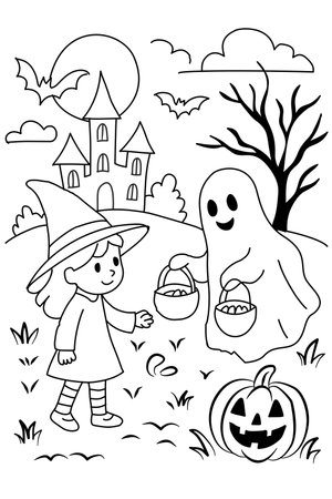 Black and White Cartoon Illustration of Happy Halloween for Coloring Bookのイラスト素材