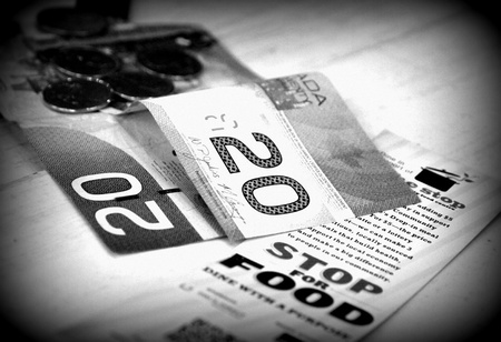 Canadian money on a table togheter with a charity brochureのeditorial素材