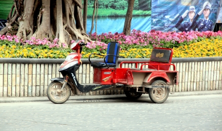 A three wheel motorcycle in Chongqing, China