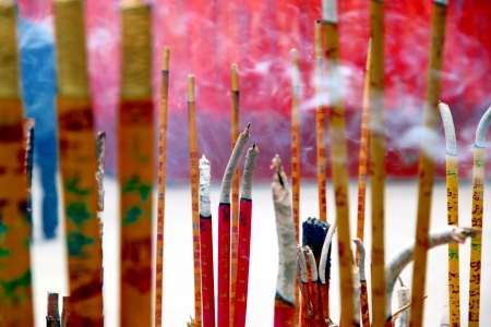 Chongqing, China, March 18, 2012 - Incense sticks burning in a Buddhist temple in Chongqing.のeditorial素材