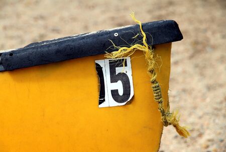 Parry Sound, Canada, August 12, 2012 - The front extremity of a yellow canoeのeditorial素材